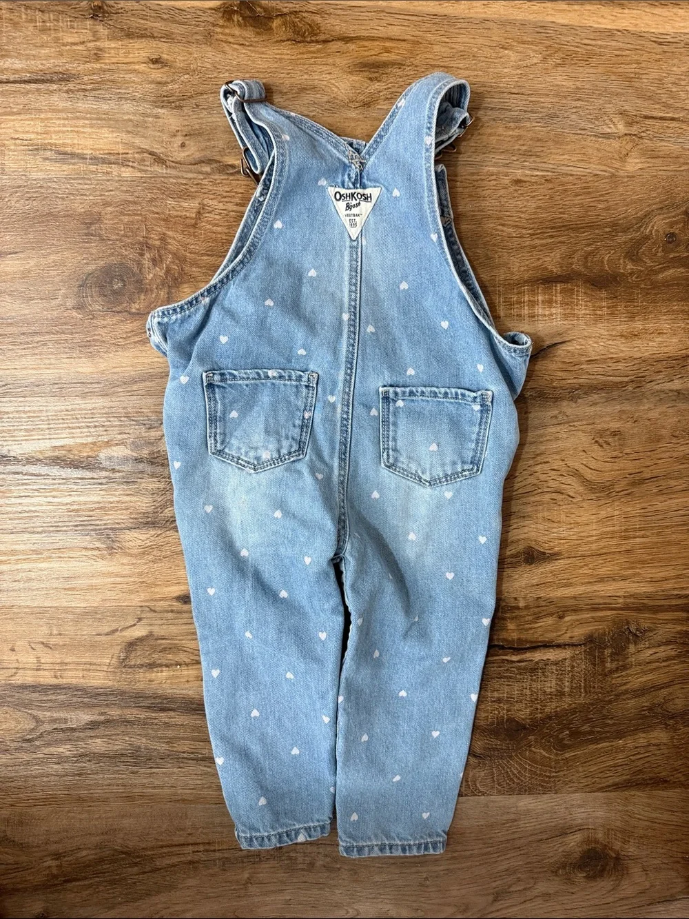 OshKosh B'gosh Girls Light Blue Denim Overalls with White Heart Print 18m